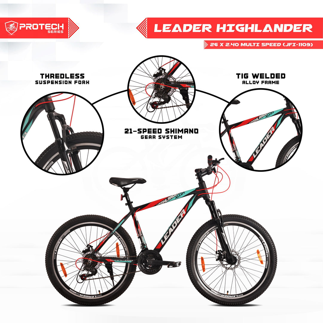 Highlander 26T 21-Speed Alloy MTB Cycle with Dual Disc Brake and Front Suspension - 26 T Hybrid Cycle City Bike 21 Gear - Black