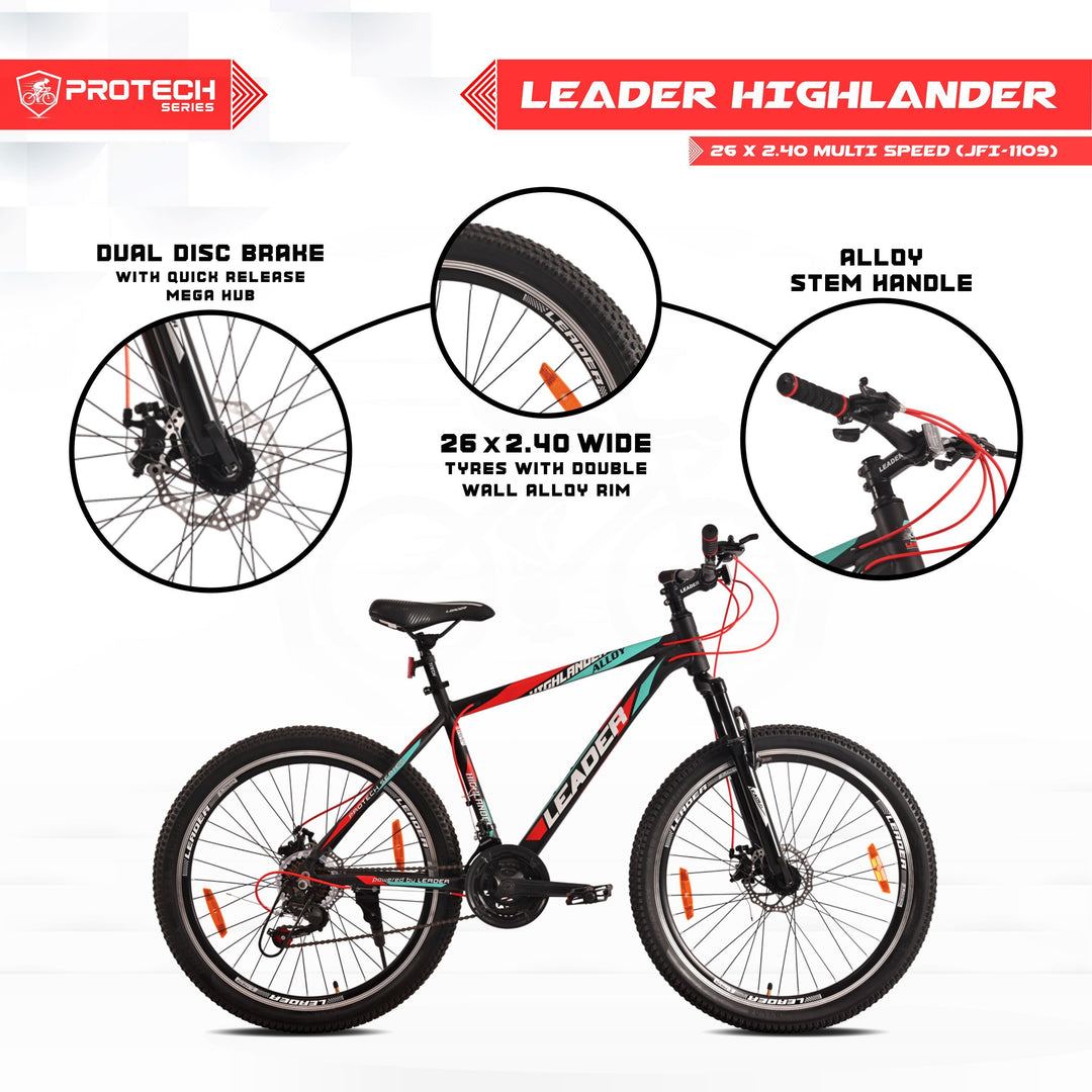Highlander 26T 21-Speed Alloy MTB Cycle with Dual Disc Brake and Front Suspension - 26 T Hybrid Cycle City Bike 21 Gear - Black