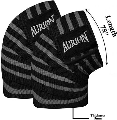 Aurion by 10Club Knee Wraps - 1Pair (Black | 78 Inches | 199 cm) | Cross Training Gym Workout Weightlifting | Knee Straps for Squats | 78"-Compression and Elastic Support | Weightlifting for Men & Women