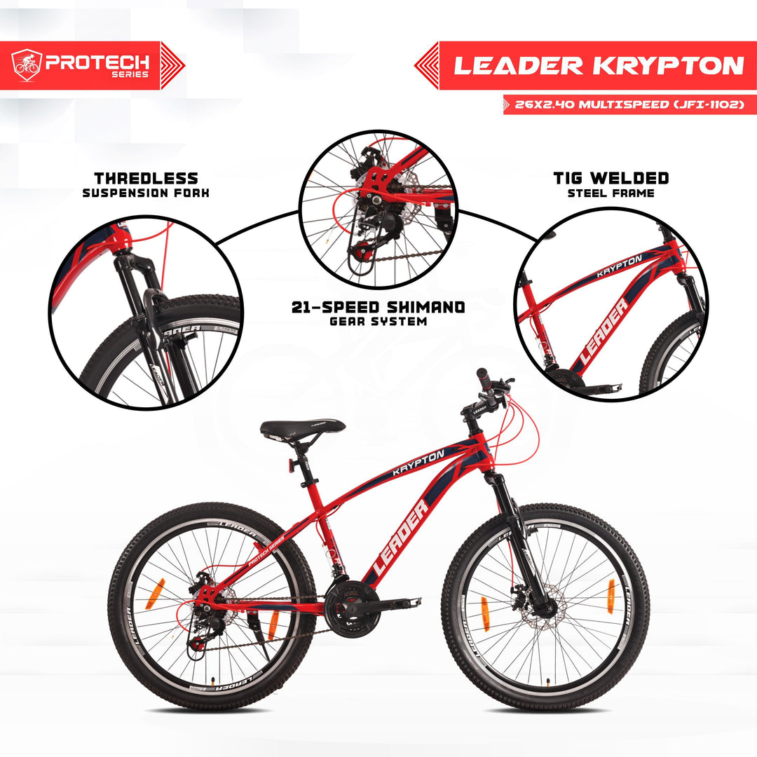 Krypton 26T 21-Speed MTB Cycle with Dual Disc Brake and Front Suspension - 26 T Hybrid Cycle City Bike, 21 Gear, Red