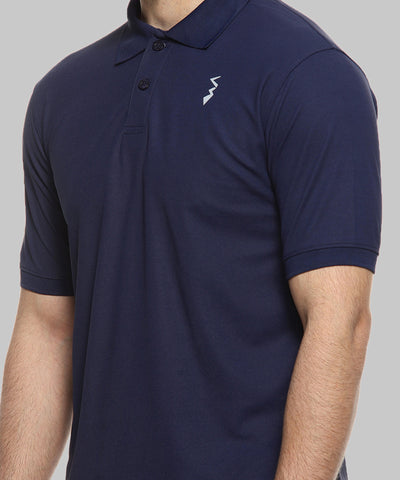 Blue Men Solid Polyester Sports Tshirt Polo Neck