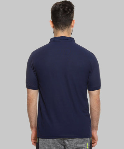 Blue Men Solid Polyester Sports Tshirt Polo Neck