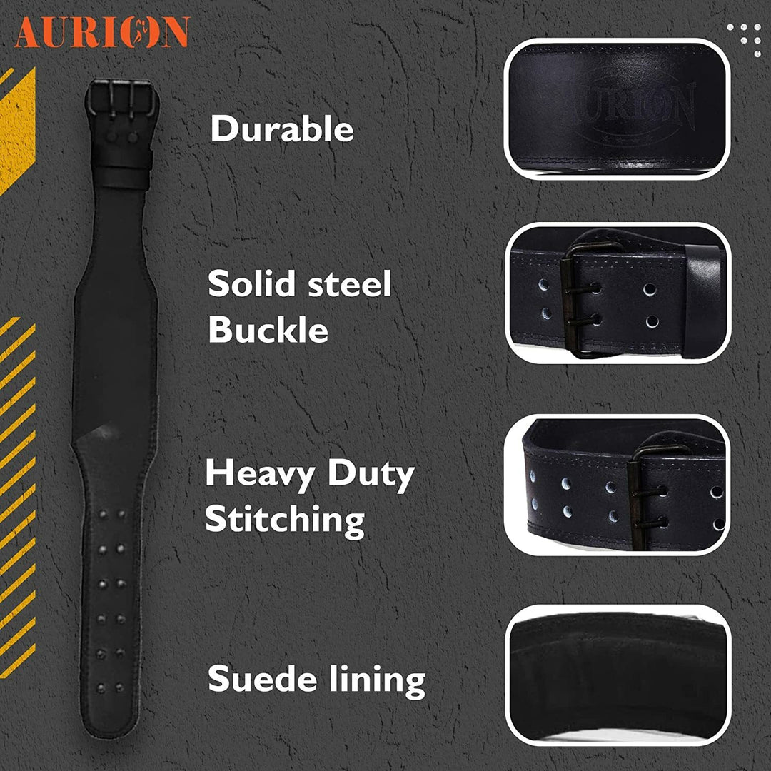 Aurion by 10Club Premium Genuine Leather Weight Lifting Belt-Large | HeavyDuty Powerlifting Belt | Body Fitness And Gym Back Support Weightlifting Belt | Unisex | Adjustable Buckle | Full Black
