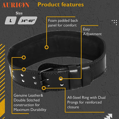 Aurion by 10Club Premium Genuine Leather Weight Lifting Belt-Medium | HeavyDuty Powerlifting Belt | Body Fitness And Gym Back Support Weightlifting Belt | Unisex | Adjustable Buckle | Full Black