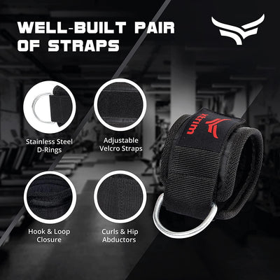 XTRIM Durafit Unisex Stylish Ankle Straps with Metal D-Rings for Cable Machine, Kickbacks and Glutes Workouts | Adjustable Ankle Straps | Curls & Hip Abductors with Padded Neoprene Support - Red - Kriya Fit