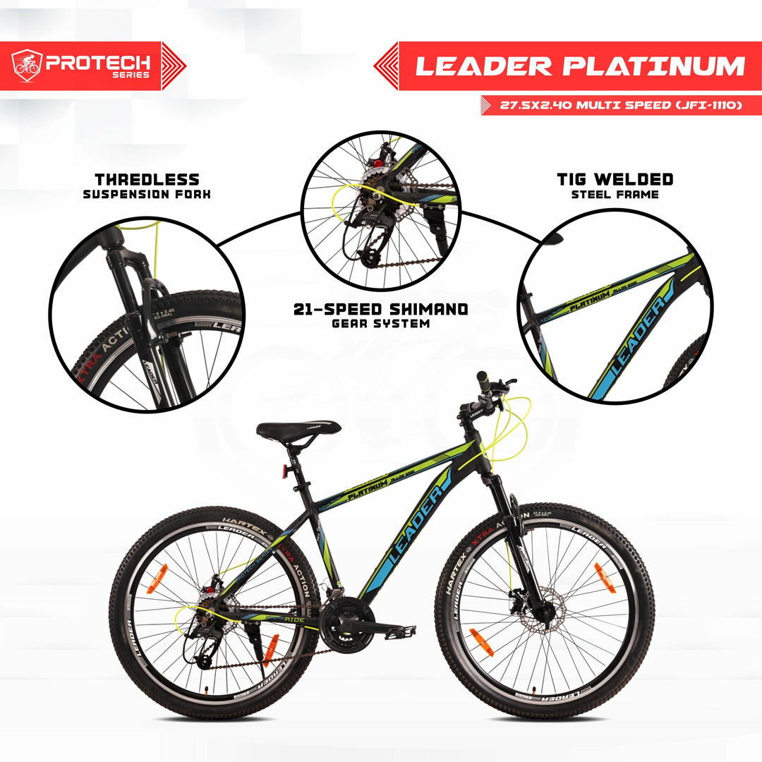 Platinum 27.5T, 21-Speed Alloy MTB Cycle with Front Suspension and Dual Disc, 27.5" Hybrid Cycle City Bike, 21-Gear, Black