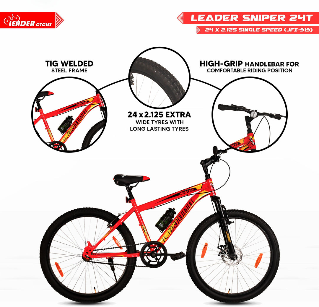 Sniper MTB 24T with Front Suspension and Disc Brake, Ideal for 9-14 Years Age, 24" Mountain Cycle, Single Speed, Red Black
