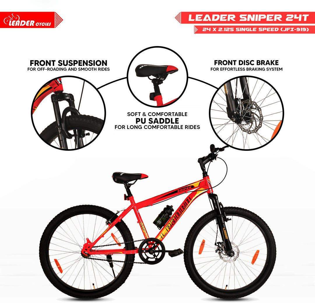 Sniper MTB 24T with Front Suspension and Disc Brake, Ideal for 9-14 Years Age, 24" Mountain Cycle, Single Speed, Red Black