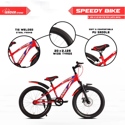 Speedy Bike 20T Kids Cycle with Front Suspension and Disc Brake, Ideal for 7-10 Years, 20" Mountain Cycle, Single Speed, Red
