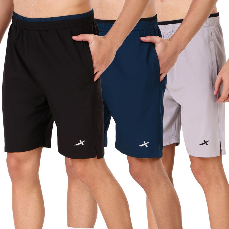 Solid Men Sports Shorts 100 % Polyester (Pack of 3) Black-Airforce-Grey