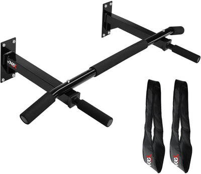 Wall Mounting Chin Up Bar With Solid One Piece Construction Bar + Ab Straps Chin-up Bar (Black)