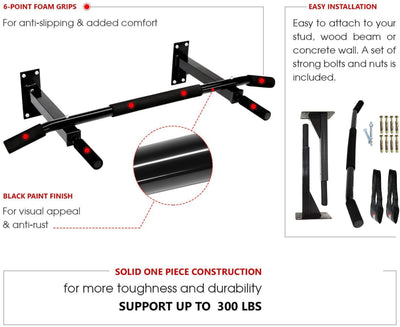 Wall Mounting Chin Up Bar With Solid One Piece Construction Bar + Ab Straps Chin-up Bar (Black)