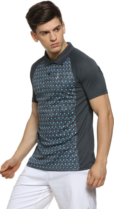 Charcoal Blue Men Washed/Ombre Polyester Sports Tshirt Polo Neck