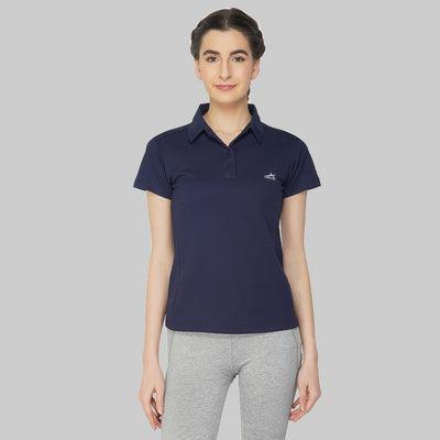 Solid Women Polo Neck Blue T-Shirt