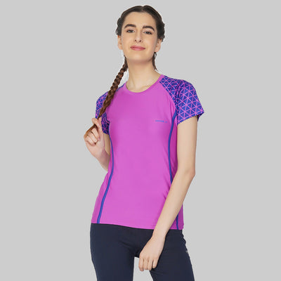 Checkered Women Round Neck Purple T-Shirt