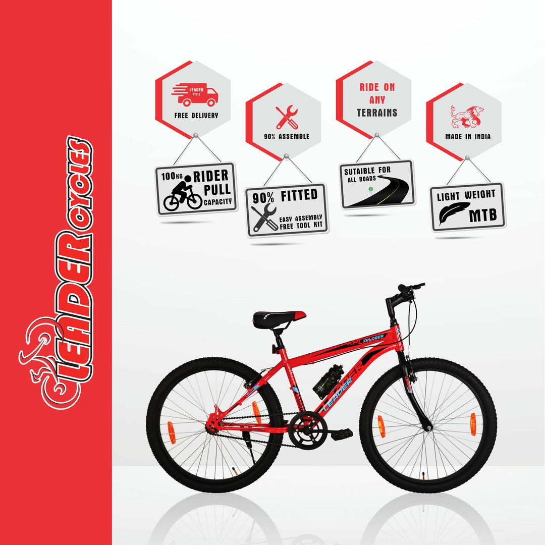 Xplorer MTB 24T Mountain Bicycle, Single Speed, Ideal for 9-14 Years Age, 24" Mountain Cycle Single Speed, Black-Red