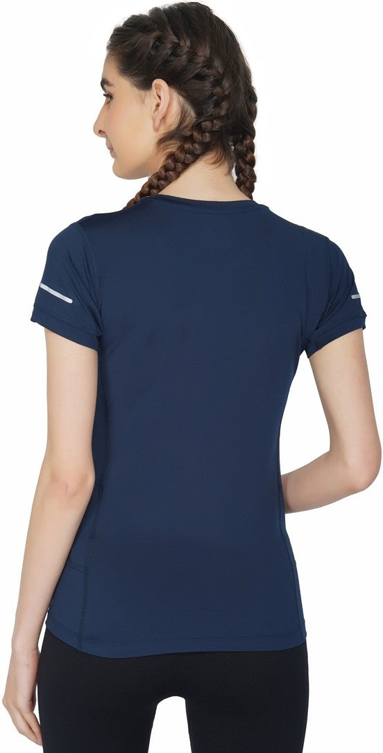 Solid Women Round Neck Dark Blue T-Shirt