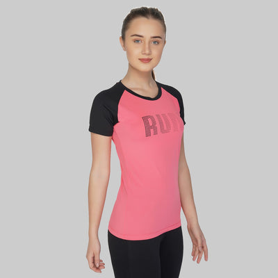 Color Block | Typography Women Round Neck Pink T-Shirt