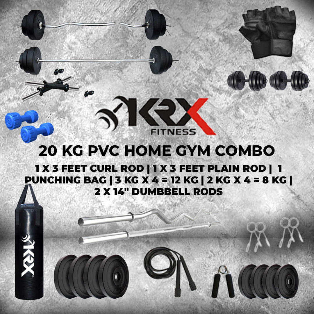 20 kg PVC Combo with Unfilled Punching Bag & PVC Dumbbells | Home Gym | (2 kg x 4 = 8 kg + 3 kg x 4 = 12 kg)