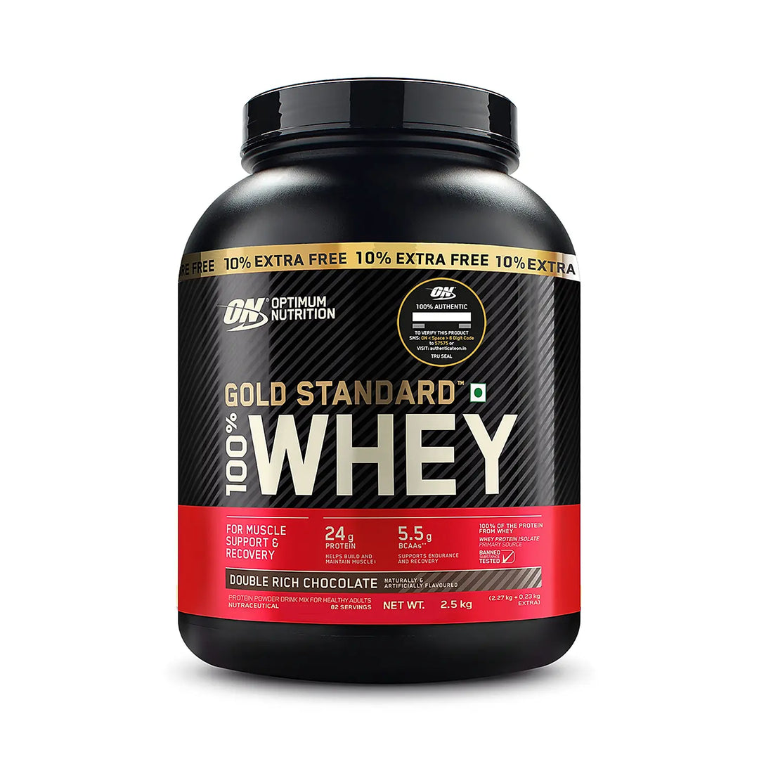 Optimum Nutrition (ON) Gold Standard 100% Whey Protein Powder 5 lb (+10% Extra), 2.5 kg (Double Rich Chocolate), for Muscle Support & Recovery, Vegetarian - Primary Source Whey Isolate