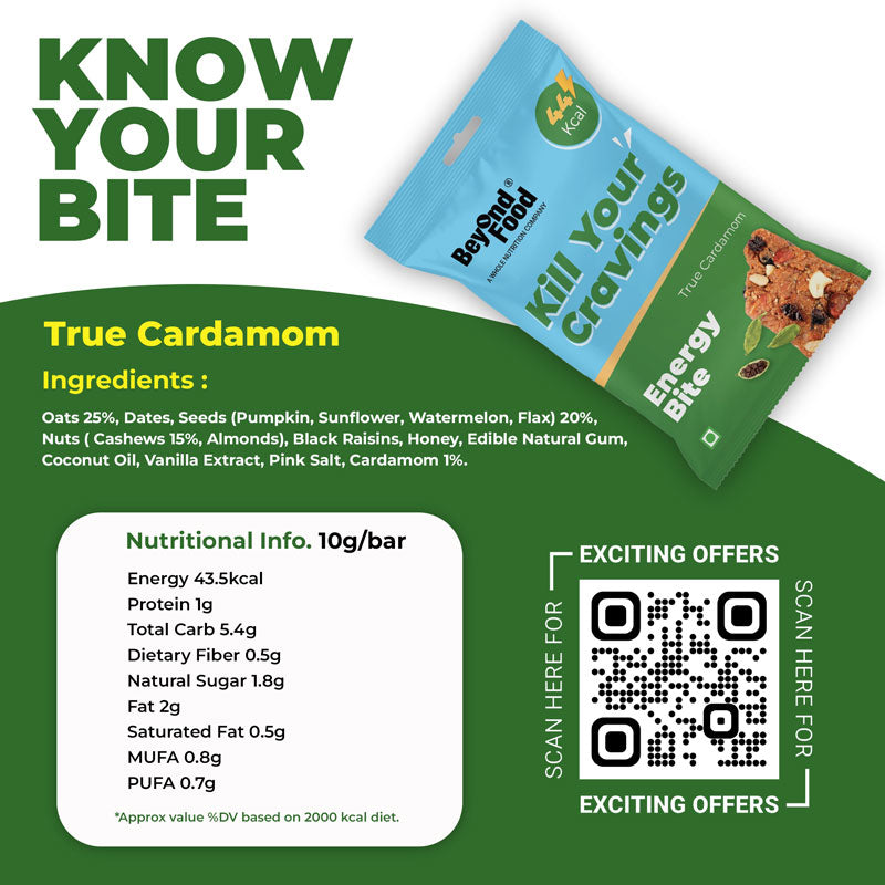 Energy Bites | True Cardamom Flavor (Pack of 25/ 10g each) | 100% Natural Ingredients