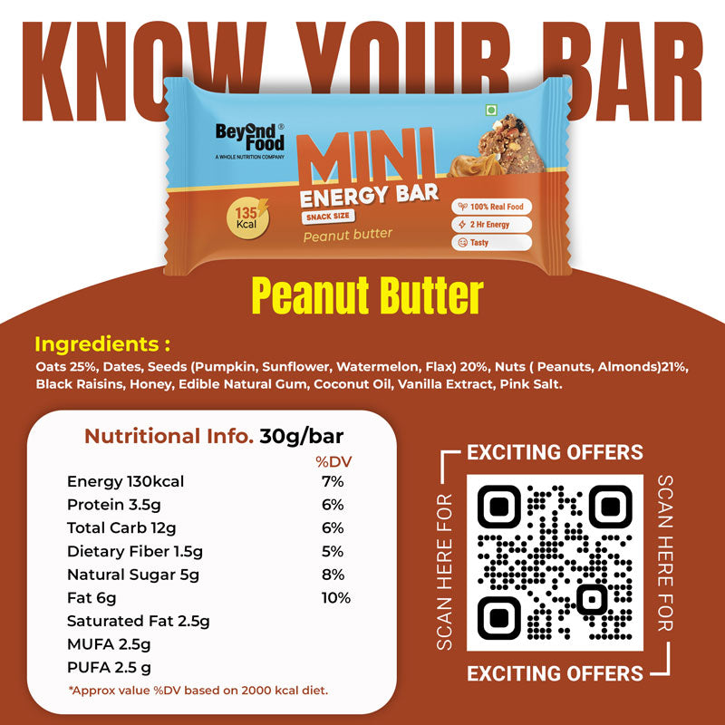 Mini Energy Bars | Peanut Butter Flavor (Pack of 6/ 30g each) | 100% Natural Ingredients