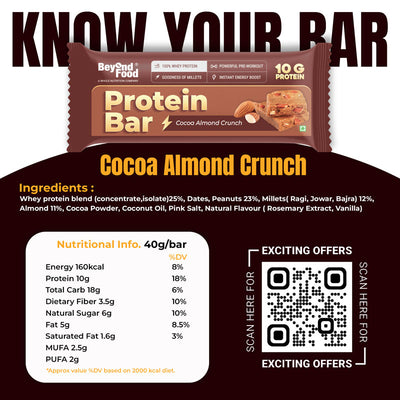 Protein Bars | Cocoa Almond Flavor (Pack of 6/ 40g each) | 100% Natural Ingredients