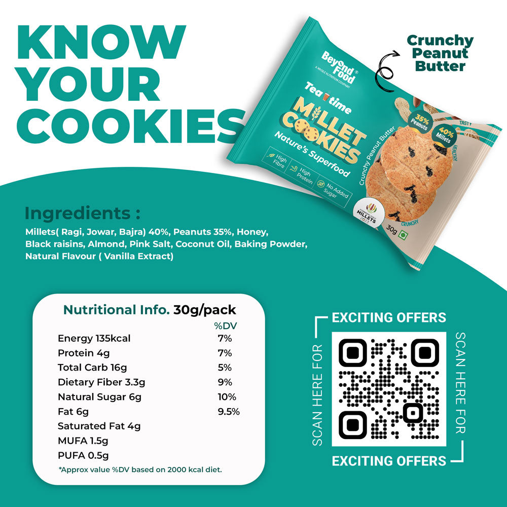 Millet Cookies | Crunchy Peanut Butter Flavor (Pack of 12/ 30g each) | 100% Natural Ingredients