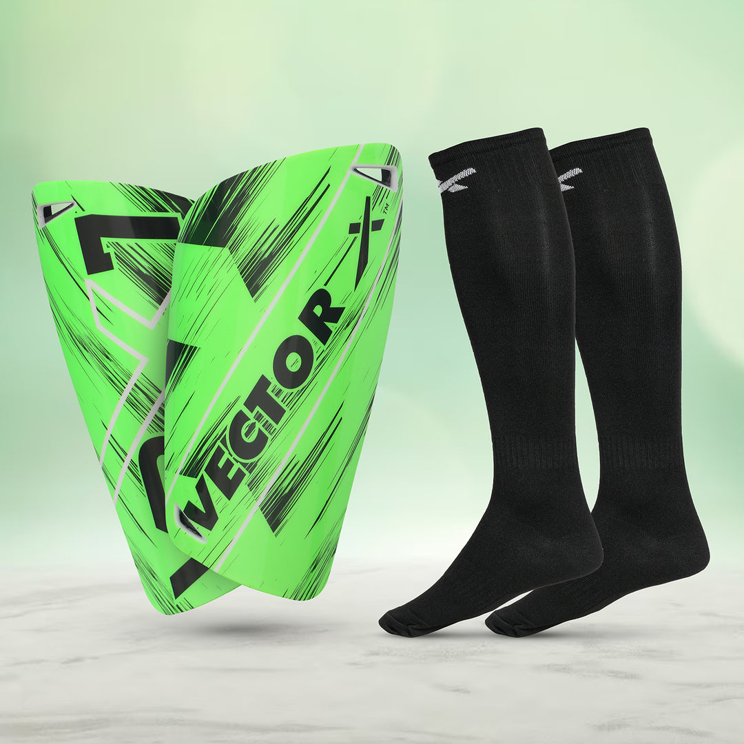 Black-Green VRX7 Shin Guard with Blastic Football Stockings Combo 2 pair (Size - Standard)