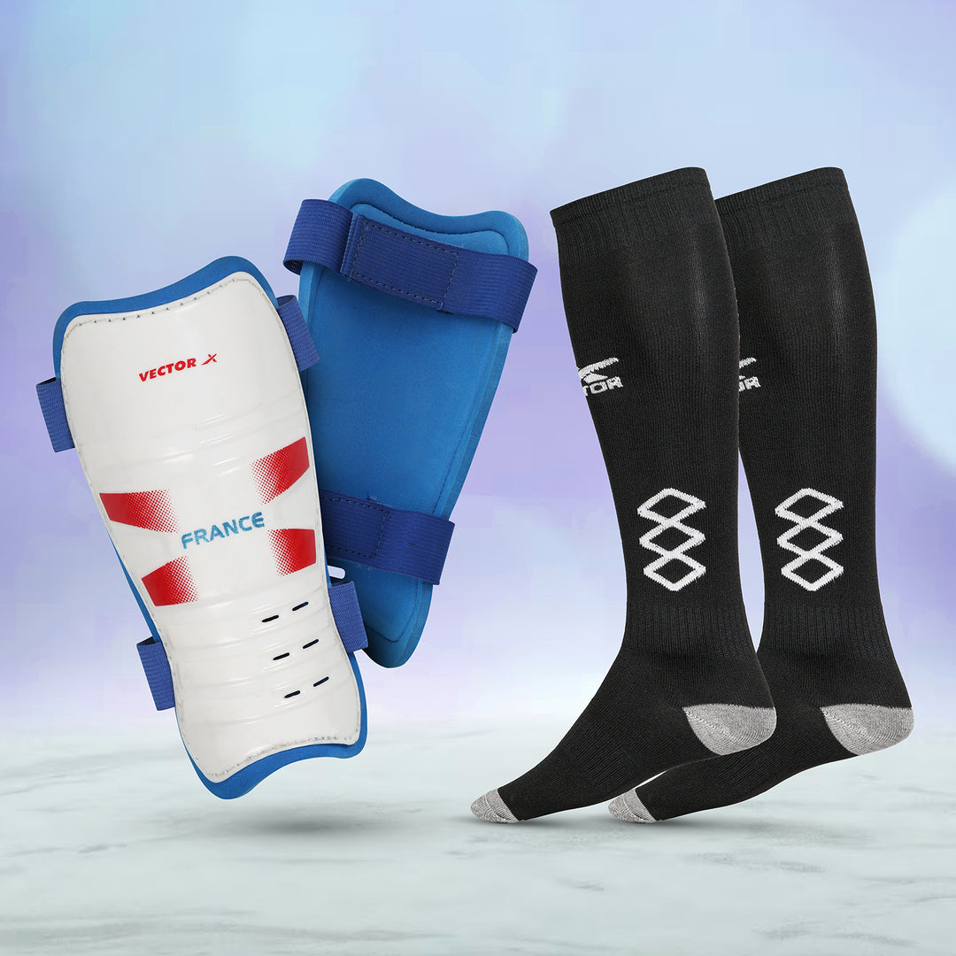 White-Black France Shin Guard with Cyrus Football Stockings Combo 2 pair (Size - Standard)