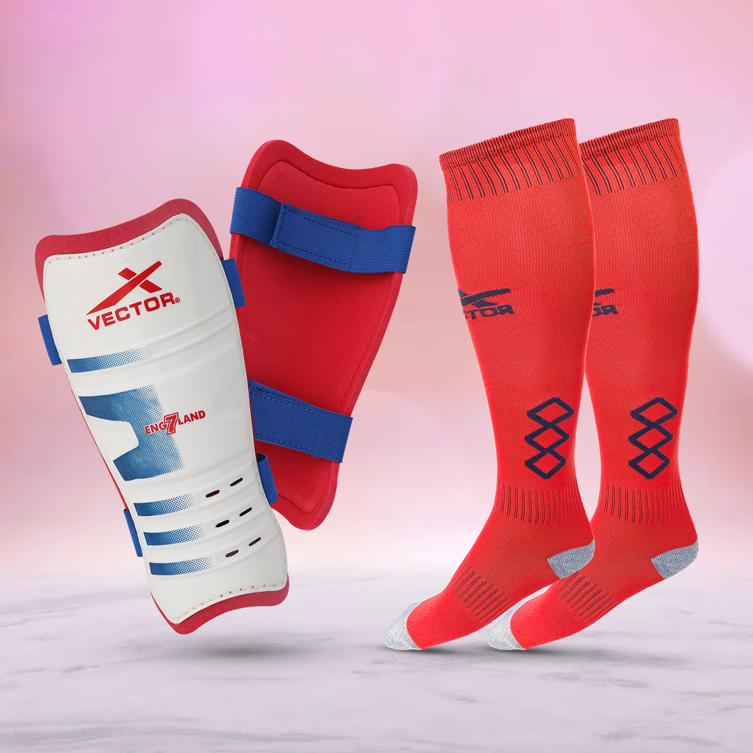 White-Red England Shin Guard with Cyrus Football Stockings Combo 2 pair (Size - Standard)