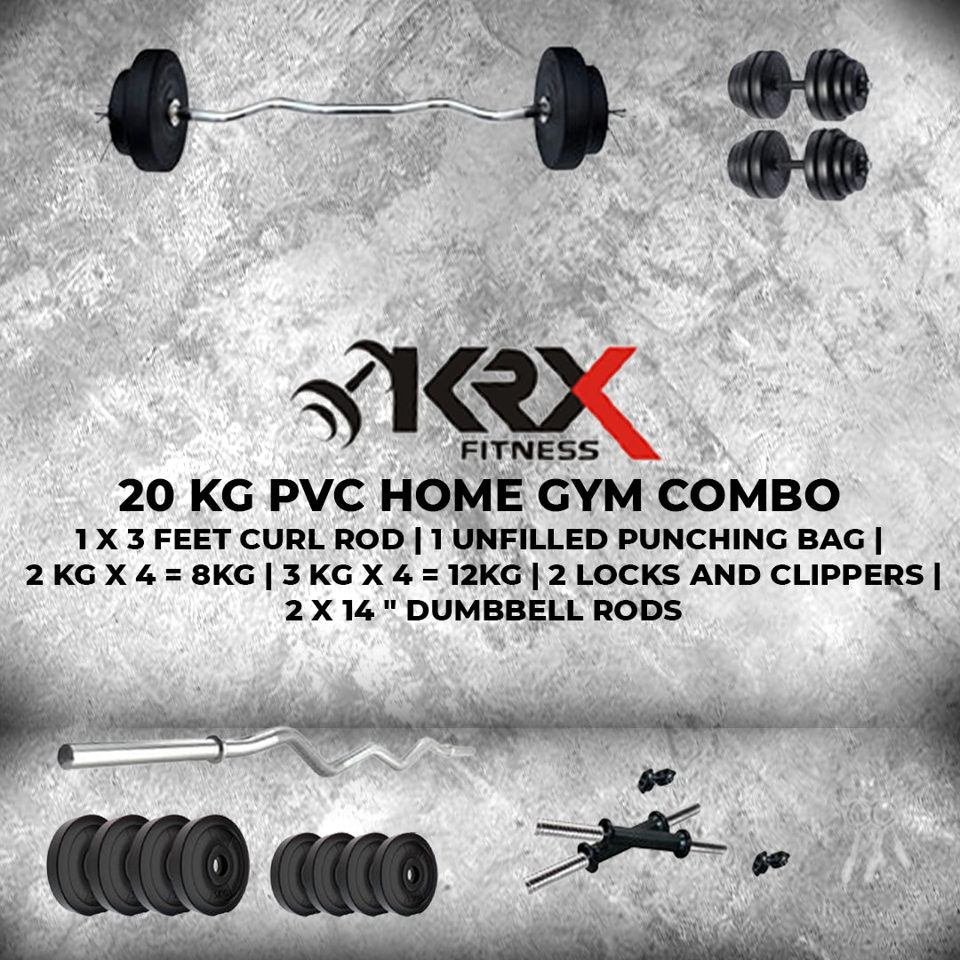 20 kg PVC with One 3 Ft Curl Rod and 1 Dumbbell & Rod | Homegym | (2 kg x 4 = 8 kg Plates + 3 kg x 4 = 12 kg Plates)