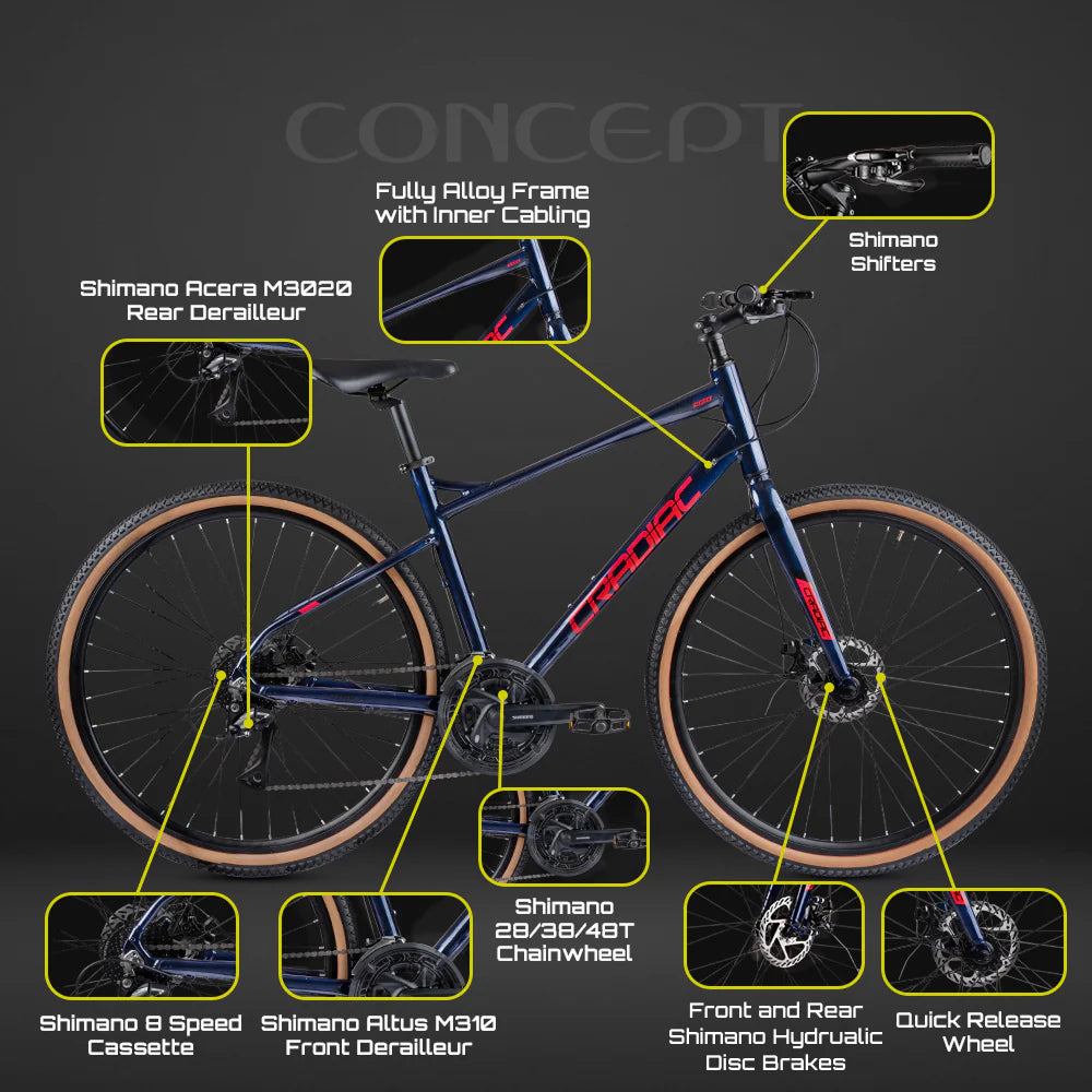CRADIAC - Concept X | 24 Speed Gear GRAVEL Cycle | 700 * 47 C Bike | Rigid Fork | 6061 Alloy Frame | Nylon Tires | Shimano hydraulic Dual DISC Brakes | Ideal for 15+ Years Men/Boys/Girls