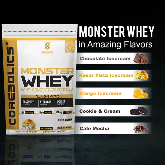 Monster Whey - Whey Concentrate Formula 1 Kg - 28 Servings -Kesar Pista Icecream