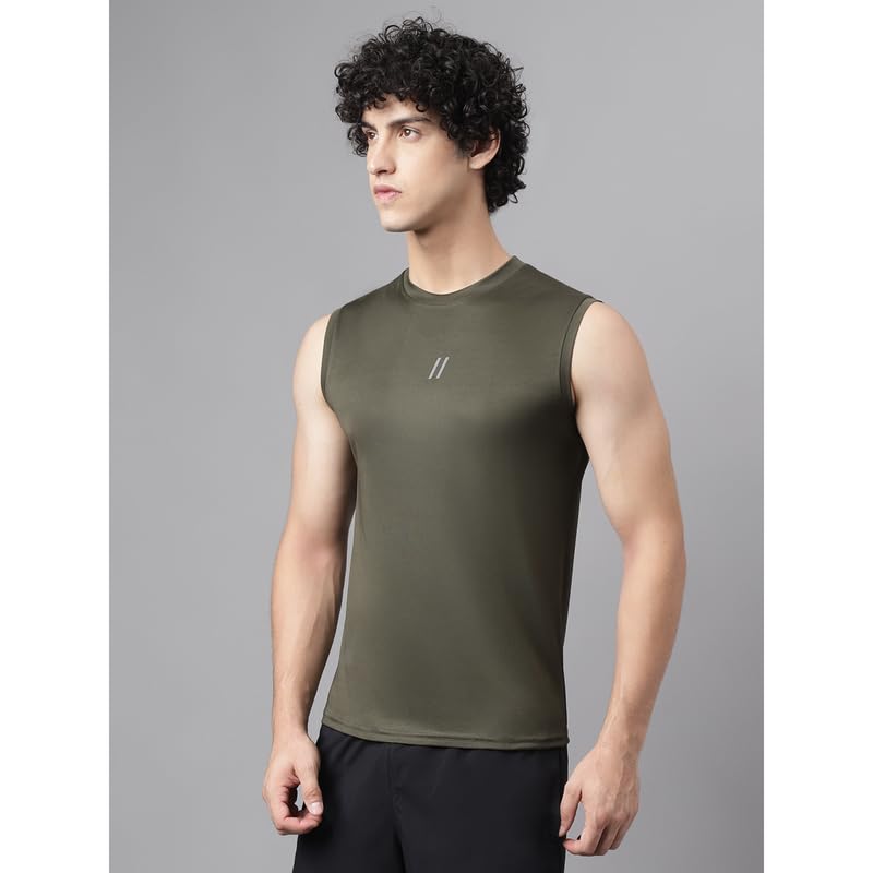 Men's Slim Fit Polyester Sleeveless T Shirt (Java Green)