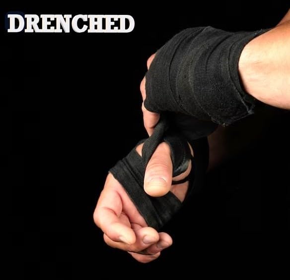 DRENCHED Elastic Cotton Hand Wraps 108' Inner Boxing Gloves Martial Arts Wraps for Men & Women|Wrist Support Hand Wrap for Boxing MMA Kickboxing Muay Thai (Black)