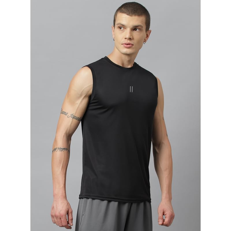 Men's Slim Fit Polyester Sleeveless T Shirt- Black Yellow - Sando Top Tank Muscle Tee for Sports | Gym | Running
