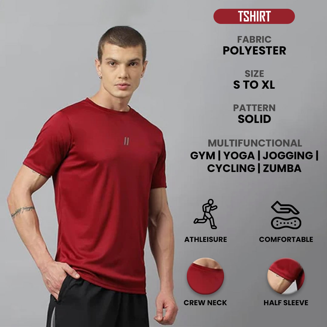 Men's Slim Fit Polyester Half Sleeve T Shirt (Wine Red)