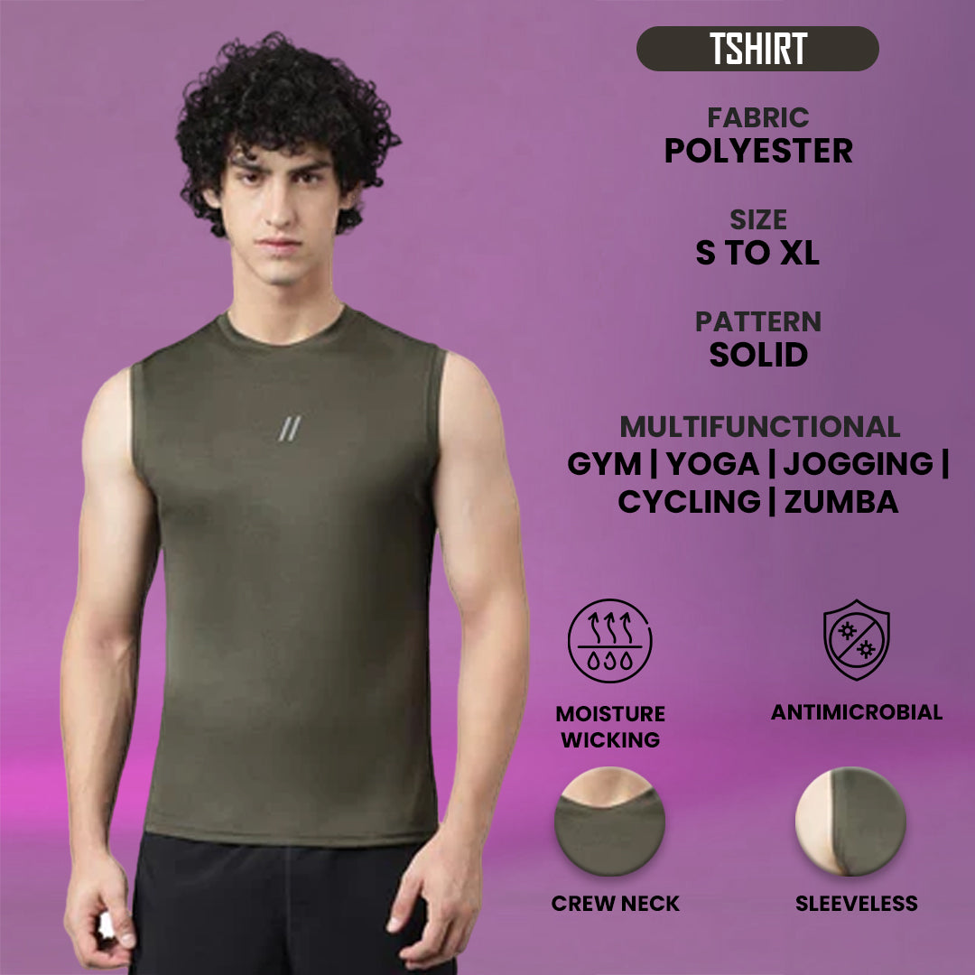 Men's Slim Fit Polyester Sleeveless T Shirt (Java Green)