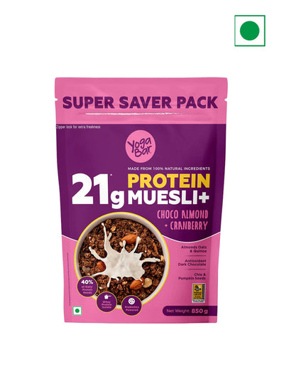 High Protein 21g Muesli 850g | Choco Almond & Cranberry | Protein Breakfast Cereals | Premium Whey Protein Isolate | Added Almonds & Probiotics with Dark Chocolate Muesli | Nuts | Seeds & Dry Fruits | No Preservatives