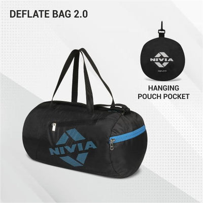 NIVIA Deflate Bag 2.0 Polyester Gym Bag/Unisex Gym Bags/Adjustable Shoulder Bag for Men/Duffle Gym Bags for Men/Carry Gym Accessories/Fitness Bag/Sports &Travel Bag/Gym Kit Bag (Black/Blue)