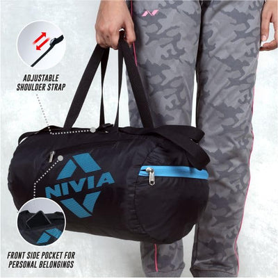 NIVIA Deflate Bag 2.0 Polyester Gym Bag/Unisex Gym Bags/Adjustable Shoulder Bag for Men/Duffle Gym Bags for Men/Carry Gym Accessories/Fitness Bag/Sports &Travel Bag/Gym Kit Bag (Black/Blue)