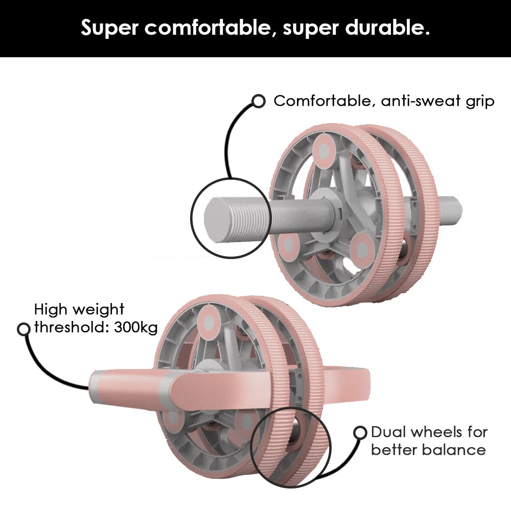 Thick Adjustable Ab Roller (Pink) | No Floor Damage | Wheel With Knee Mat | Multi-purpose Unisex Roller | Weight Loss Workout | Slip-Proof | Beginner Friendly | Excercise Manual