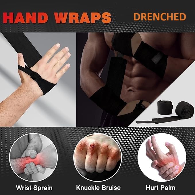 DRENCHED Elastic Cotton Hand Wraps 108' Inner Boxing Gloves Martial Arts Wraps for Men & Women|Wrist Support Hand Wrap for Boxing MMA Kickboxing Muay Thai (Black)