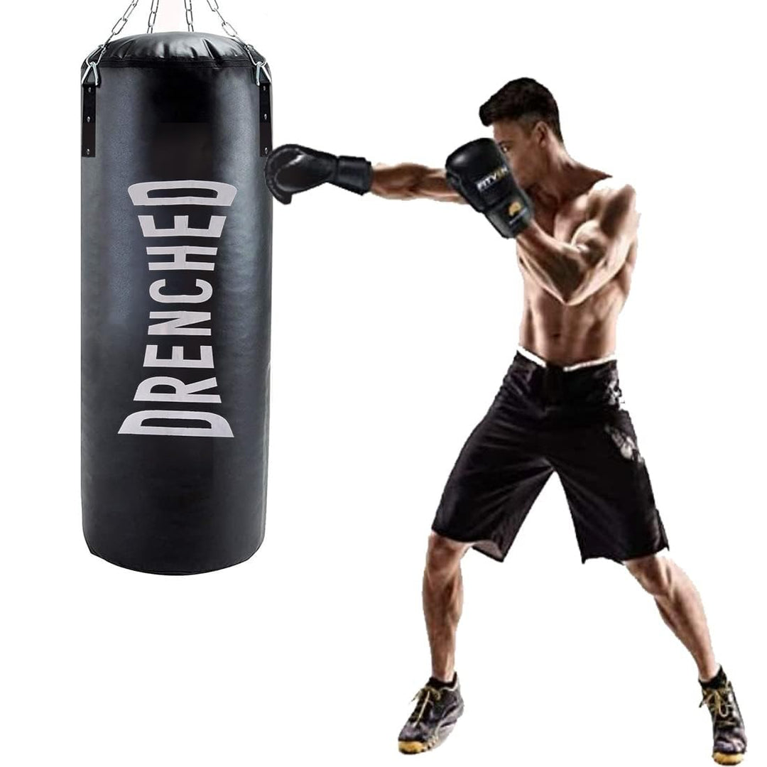 DRENCHED Unfilled Punching Bag with Hanging Chain & Wrist Wrap Combo | Boxing Bag Kit for MMA, Karate, Judo, Muay Thai, Kickboxing,Training at Home or Gym-Black (3 Feet, Wrist Wrap)