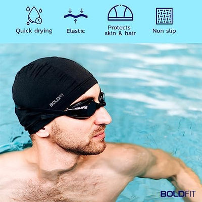 Boldfit Black Unisex Swim Cap - Spandex Fabric for Men, Women, Boys, Girls, and Kids. Breathable and Easy-Fit Design for Comfort, Ideal for Long Hair