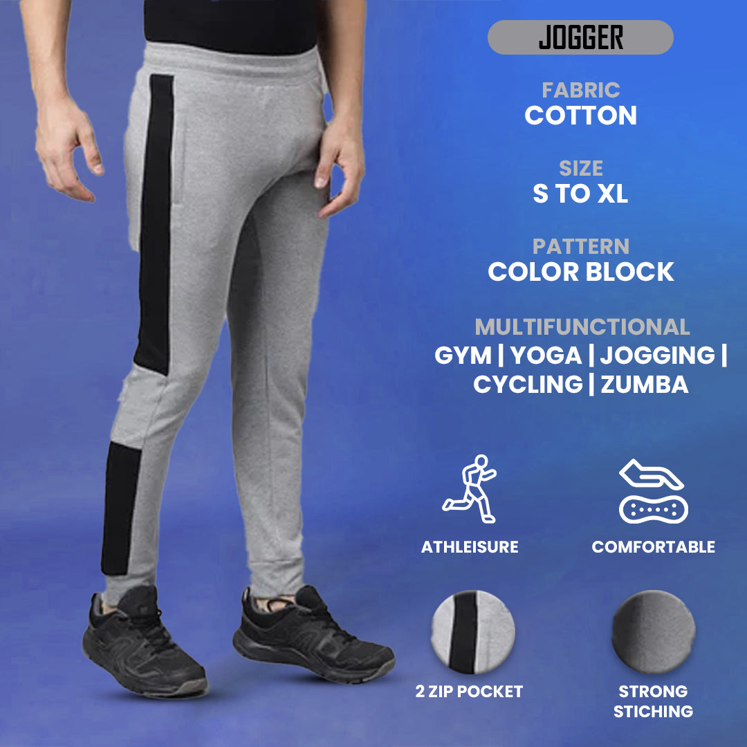 Men's Slim Fit Cotton Joggers- Grey Black - Polyester Track Pants for Gym | Sports | Running with 2 Zip Pocket