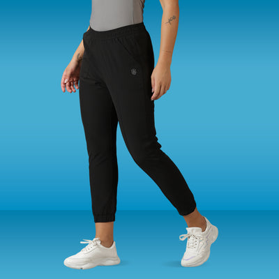 Women's Solid Training Black Track Pants with Elasticated waist & Pockets.