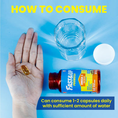 Fast&Up Promega with Double Strength 1250 mg Omega-3 Rich Fish Oil (60 Capsules) | High 375 mg EPA & 250 mg DHA ratio (3:2) For Heart, Eyes, Joints & Brain Health | No Fishy Aftertaste, Smell or Burps