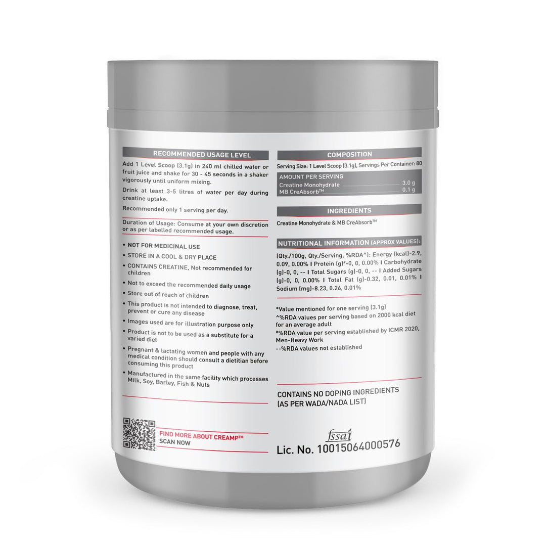 MuscleBlaze Creatine Monohydrate CreAMP™, Trustified Certified Creatine (Unflavoured, 250 g / 0.55 lb, 80 Servings)